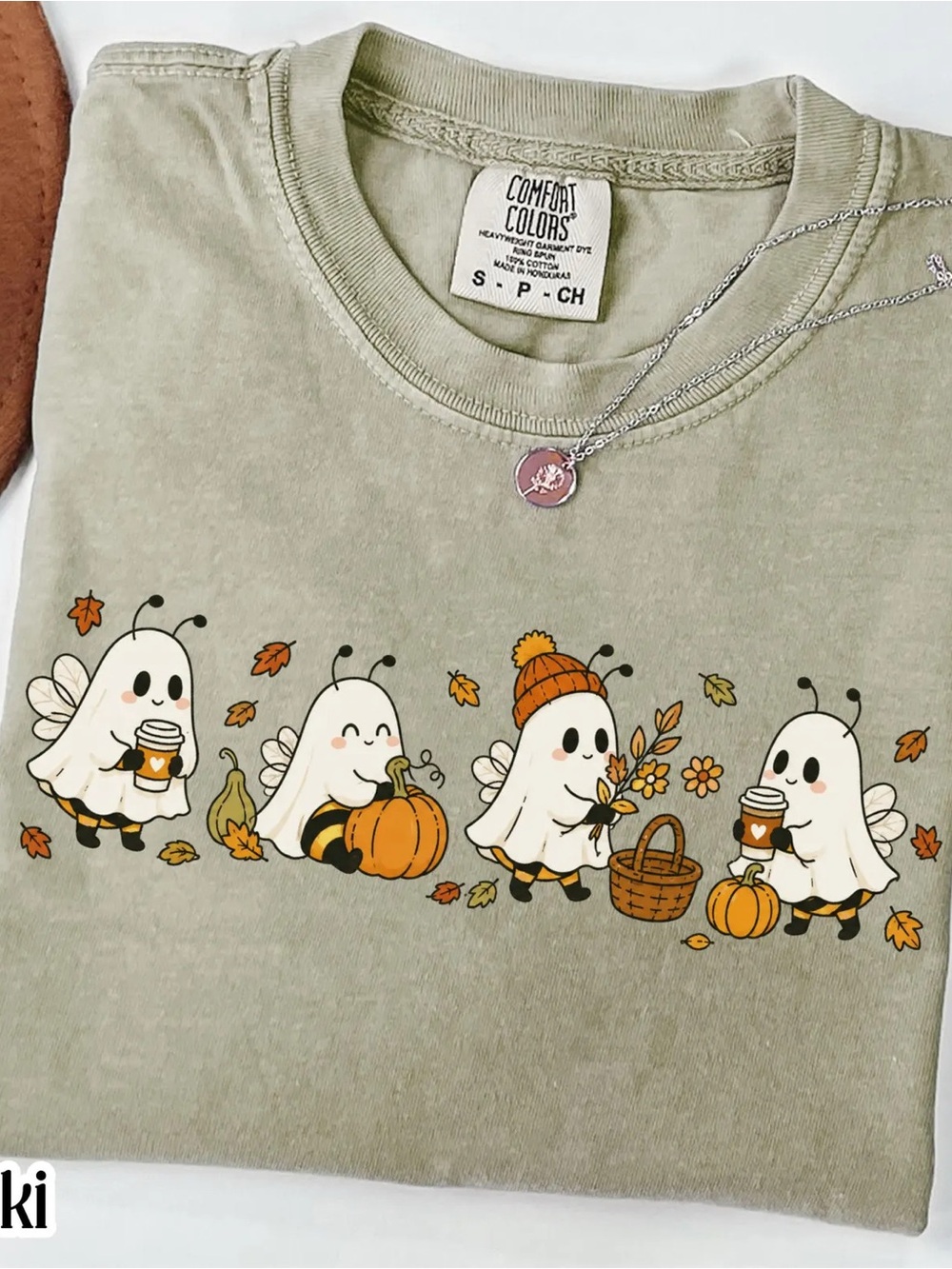 Comfort Colors Sage Green Kids Halloween Ghost Bee Tee